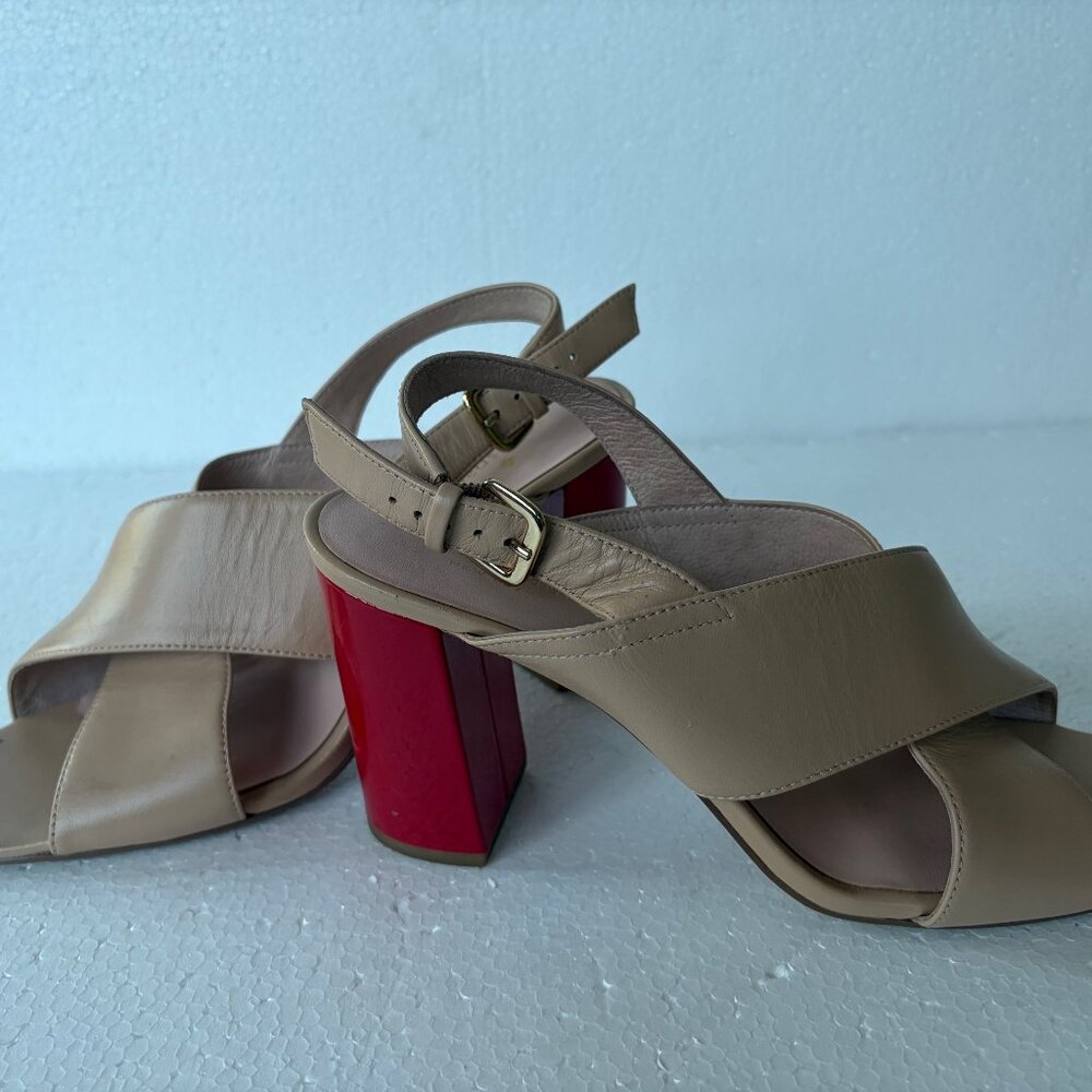Kate Spade beige/nude leather sandal (USA 9.5) with a red patent block heel.